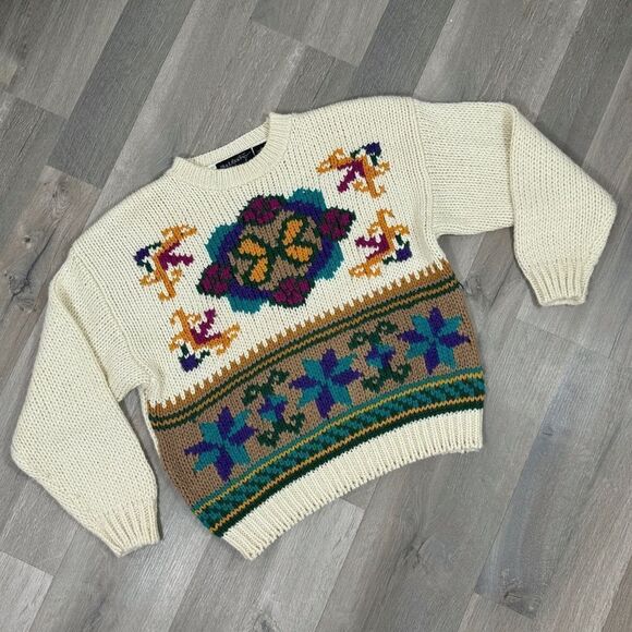 Vintage Rafferty 80s 90s Floral Chunky Knit Sweater Ivory Large Crewneck - Picture 11 of 11